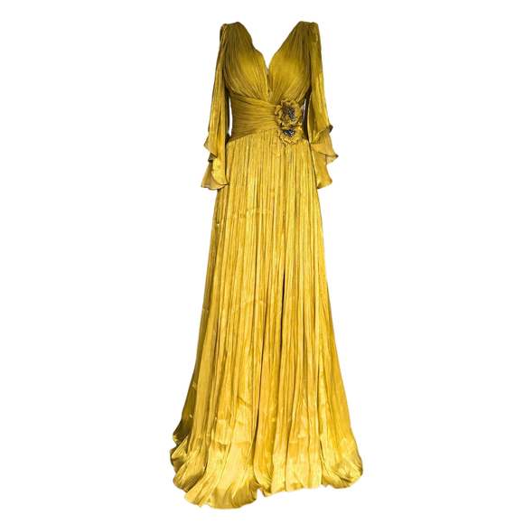 Cult Moda - Elegant Chiffon Evening Dress Gown with Floral Brooch - FR 42